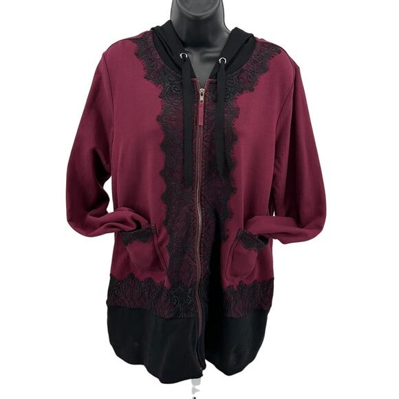 Evy's Tree Hoodie WMNS L The Jacquelin Maroon Black Zip Up Lace Trim Long Sleeve - Picture 4 of 8